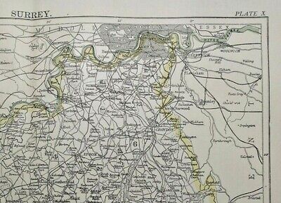 1894 Vintage SURREY, UK Atlas Map Old Authentic Antique Encyclopedia Britannica 3