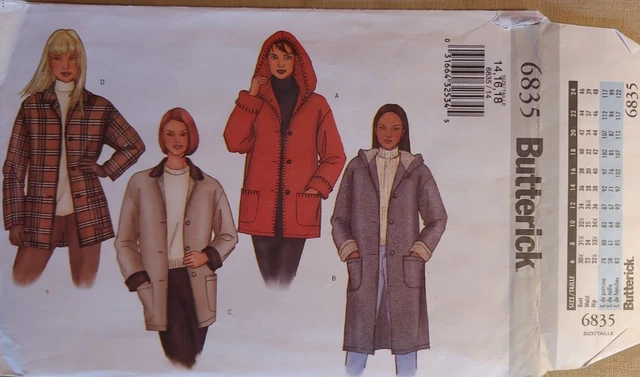Butterick Pattern 6835 Misses & Petite Loose Fitting Unlined Jacket 14-18 Uncut