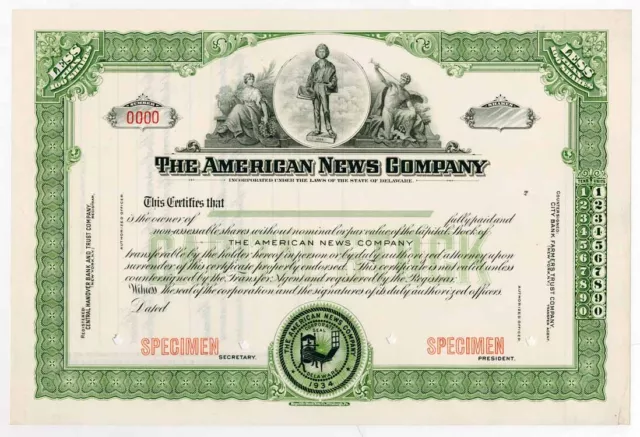 American News Co., 1934 Specimen Stock Certificate
