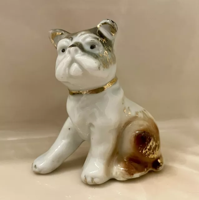 Bulldog Figurine Vintage Porcelain Ceramic Dog Puppy Gold Trim   JAPAN