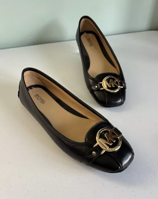 Michael Kors "Fulton" MK Mocs Black Leather Square Toe Flats Shoes Size 8.5M