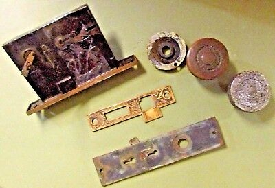 Antique Victorian Door Knob Mortise Lock Strike Plate Escutcheon Rosette Set