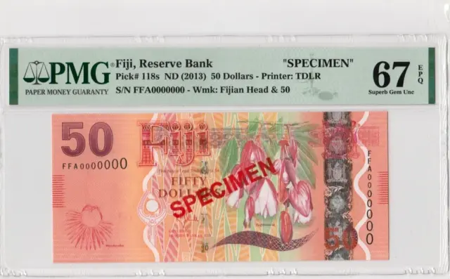 FIJI RESERVE BANK 50 DOLLARS 2013 P118s SPECIMEN PMG 67 EPQ