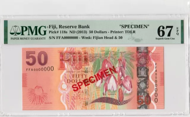 FIJI RESERVE BANK 50 DOLLARS 2013 P118s SPECIMEN PMG 67 EPQ