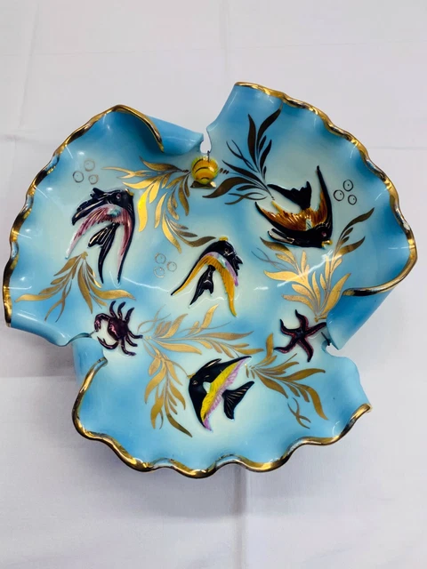 Ancien Plat Vintage Faience Ceramique Cerdazur Monaco Bleu Poissons Etoiles Dore