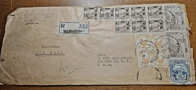 1950 Rangoon Registered Burma  Cover  To US 15 Stamps