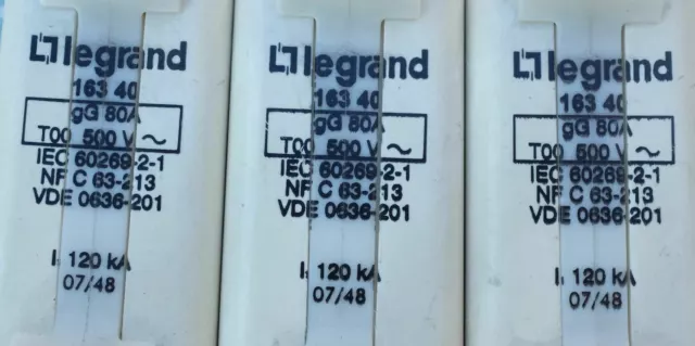 3X Legrand 0 163 40 Cartouche à couteau 80A type gG taille 00 500V Lot de 3 3
