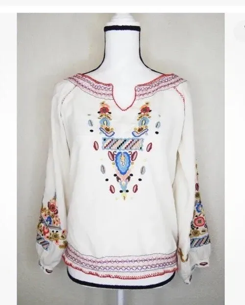 Johnny Was Biya Embroidered Cotton Tunic Top Size Xs