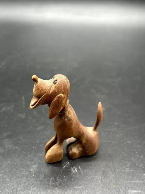 Vintage Folk Art Hand Carved Wood Hound Dog Figurine 3”H