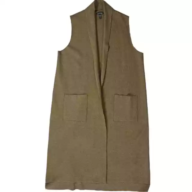 EILEEN FISHER Lightweight Boiled Wool Long Vest Women’s Large Shawl Collar Tan 3