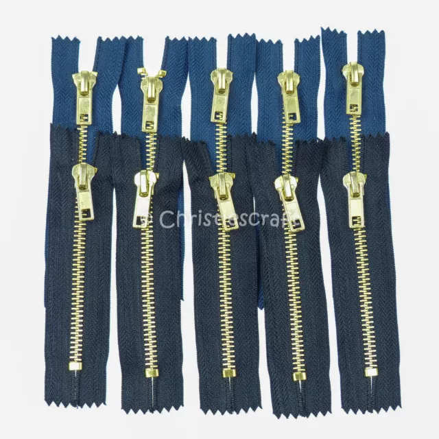 5 x No5 Brass Coloured Metal Teeth Closed End Auto Lock Jeans Zips