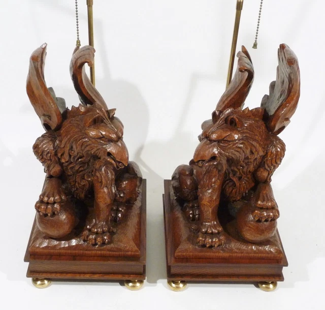 1887 Carved Oak Griffin Architectural Elements As Table Lamps  Signed  Dated