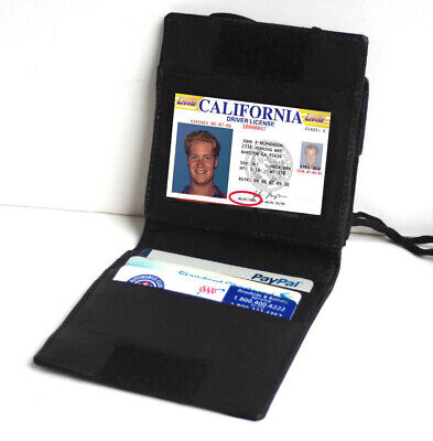 Genuine Leather Neck Strap ID Badge 6 Credit Cards Holder Zip Lanyard Wallet