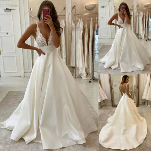 Elegant V-Neck Satin Wedding Dresses Sleeveless Slim A-line Simple Bridal Gowns