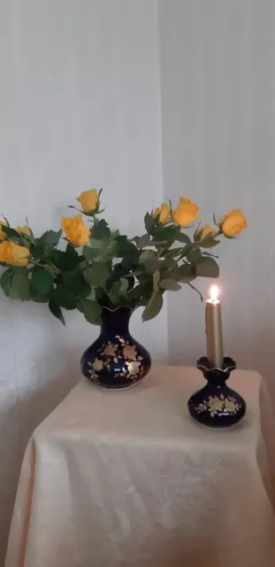 Vase Deko Kobaltblau Rose Blumen Gold 24 Karat Bavaria Porzellan Wunsiedel