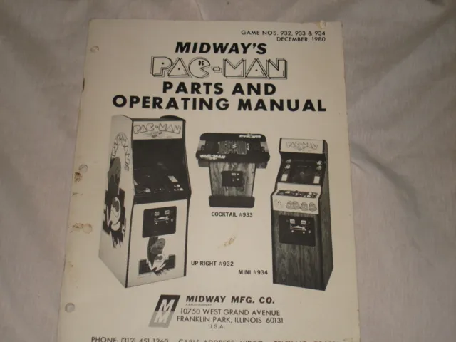 Midway Pac-Man Original Parts and Operating Manual 1980