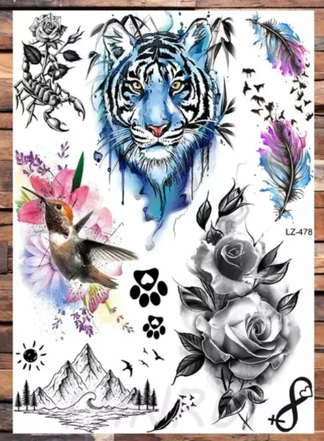 A5 Large Sheet Temporary Tattoos UK Adult Tiger Hummingbird Feather Transfers 🖤