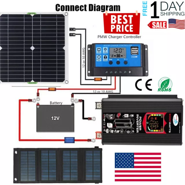 Solar Panel Power Kit 12V Battery Charger Controller & 6000W Car Power Inverter