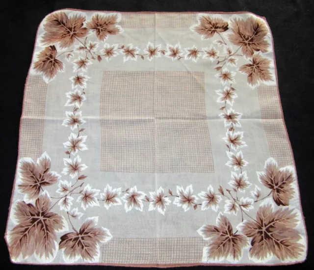 Vintage Hankie Snow Frosted Brown Leaves Galore