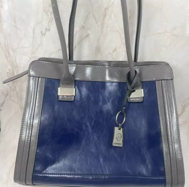 Giani Bernini Shoulder Bag Navy Blue Leather with Gray Trim Logo Keychain