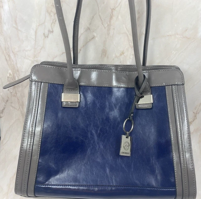 Giani Bernini Shoulder Bag Navy Blue Leather with Gray Trim Logo Keychain