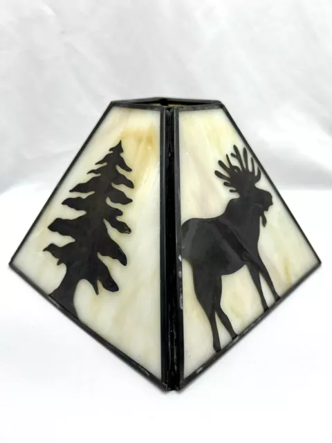 Lampshade Black Metal Stained Glass Square Retro Cream Gold Moose Pine Tree VTG 3
