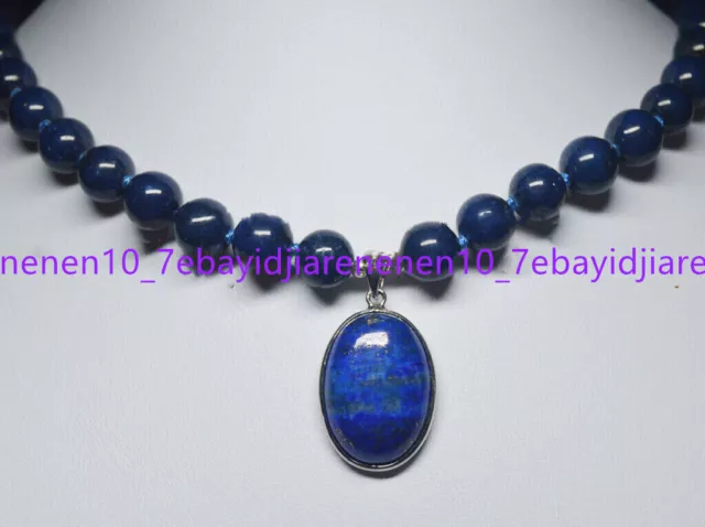 Natural Blue Egyptian Lapis Lazuli Gemstone Round Beads Oval Pendant Necklace