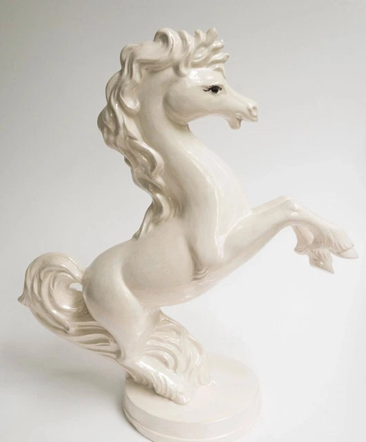 Vintage Rearing Horse Statue White Ceramic Iridescent Finish