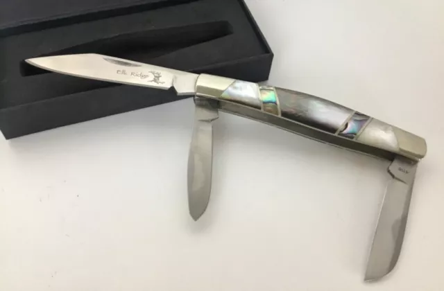 ELK RIDGE 3 Blade Mother of Pearl and Abalone Stockman's Pocket Knife