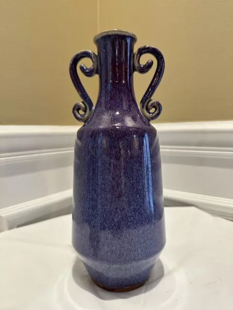 Beautiful Vintage Chinese Purple Blue Glaze Pottery Vase With Handles 12" Tall