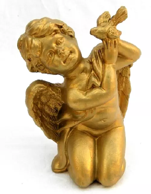 Keramik Figur Engel mit Taube Gold -  farben  Höhe ca. 13,7 cm Vintage Deko