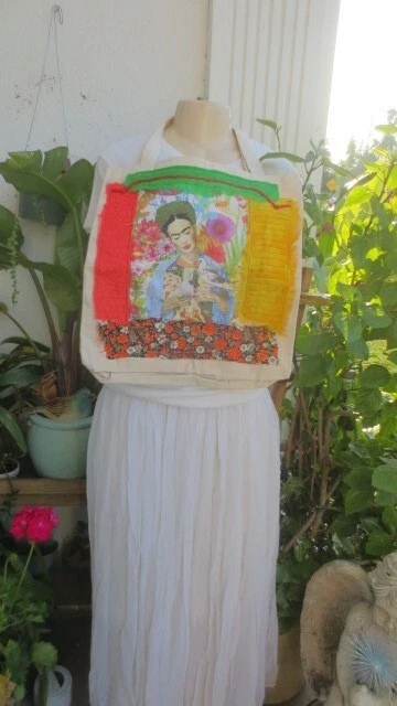 New Tote Cotton Canvas Bag Upcycled Mexico Frida Kahlo Purse by Vintage Mermaid.