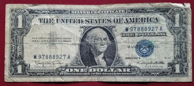1957 B Blue Seal $1 One Dollar Silver Certificate Bill Old Paper Money USA Note