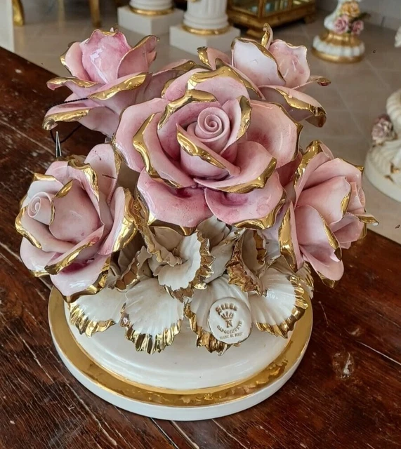 Vase Cachepot Porcelaine Italienne Capodimonte Avec Rose Et Feuille D