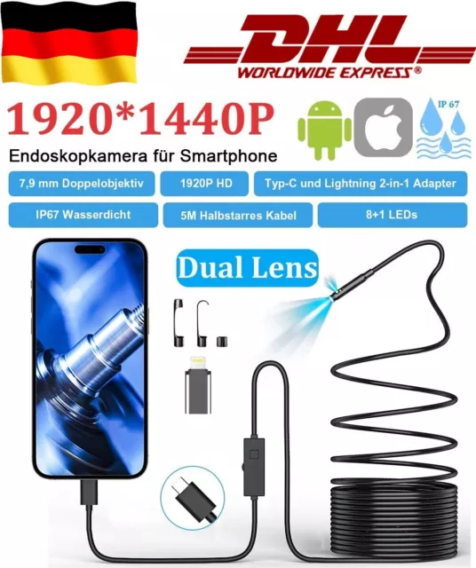 5m Dual Lens Endoscope 1920P HD Inspection Camera for iOS & Android Waterproof