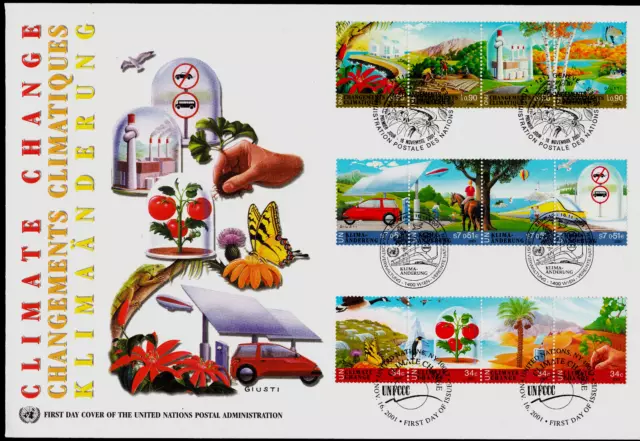 1) UNO Trio FDC MiNr 70 Klimaänderung 16.11.2001 New York Wien Genf