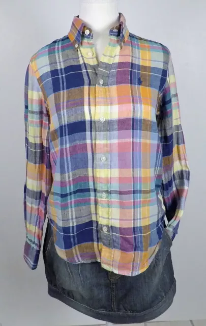 RALPH LAUREN Linen Madras Womens Long Sleeve Button-up Shirt Pastel Plaid Size 2