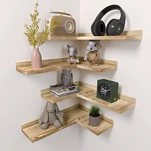 4 Tier Corner Floating Shelves Set of 4, Rustic Pine Wood Corner Shelves for
