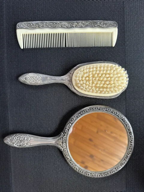 Vintage ~ Vanity Mirror Brush Comb 3 pc Set Sterling Silver Plated Antique *VTG!