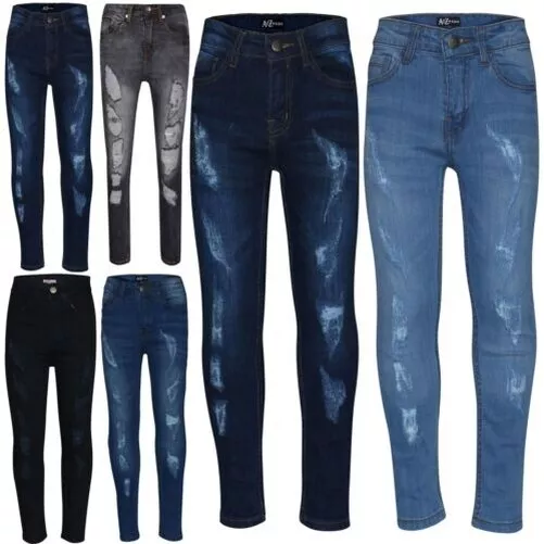 Boys Stretchy Jeans Kids Ripped Denim Skinny Jeans Pants Trousers Age 5-13 Years