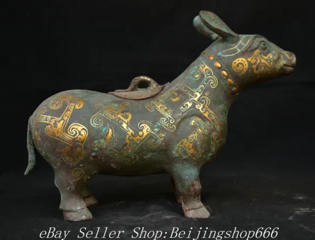 10.8" Ancient Chinese Bronze Ware Gilt Dynasty Beast Zun Statue Sculpture