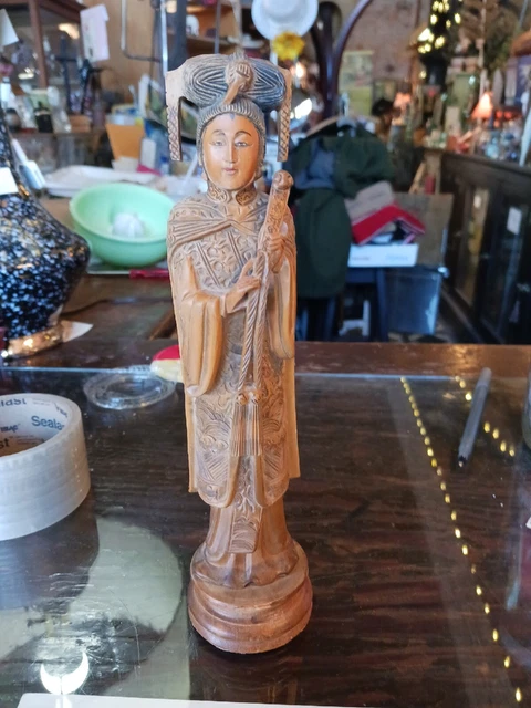 Vintage Elaborate Asian Hand Carved Wood 9” Figurine Woman
