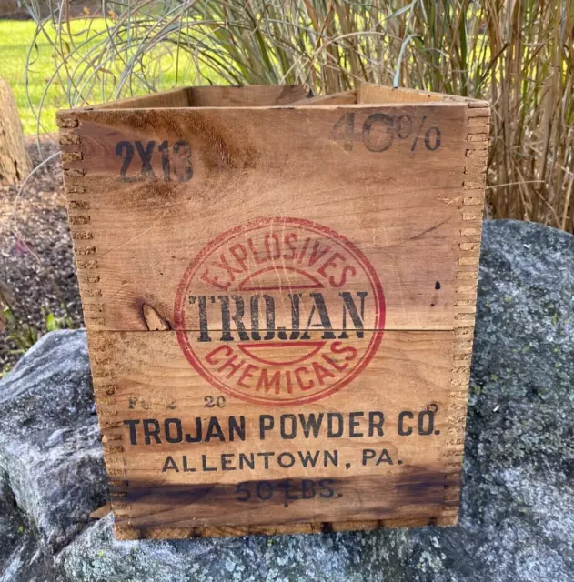 Vintage Trojan Explosives Chemicals Powder Co. Wood Box Crate Dangerous