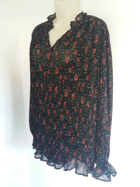 M&S Size 18 Blouse Black Red Floral Black Camisole Inc. Frill Sleeve All Seasons