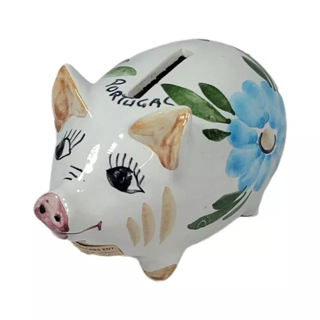 Floral 5" VTG Ceramic Decorative Pig Piggy Bank Hand Made & Painted In Portugal