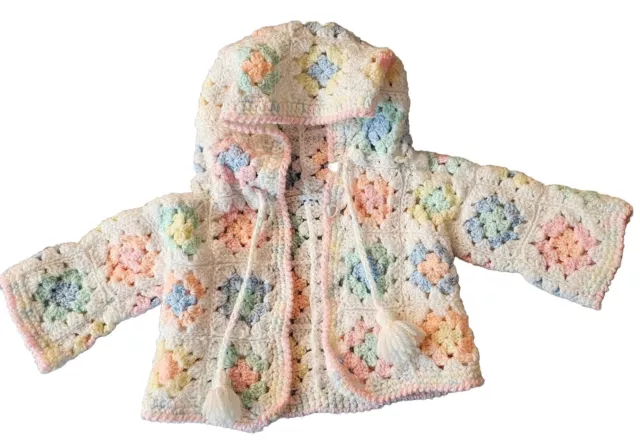 Granny Square Hooded Cardiagan Sweater Infant 0-3 Months Handmade Button Tassles