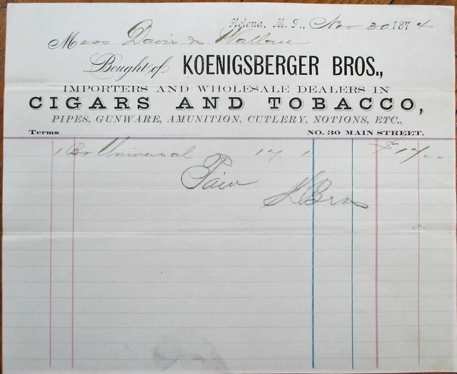 Helena, MT 1874 Letterhead: Cigars/Tobacco/Pipes/Ammunition - Montana Territory