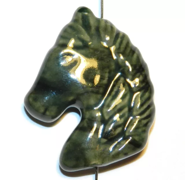 P2144 Green Double-Sided Porcelain Horse Head 43mm Pendant Focal Bead 1pc