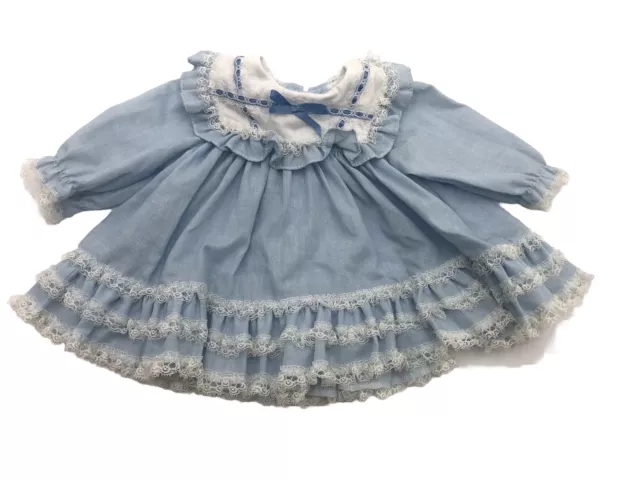 Vintage Baby Blue Girl Newborn Dress 0-6 Mo. Frilly Ruffles Lace Long Sleeve