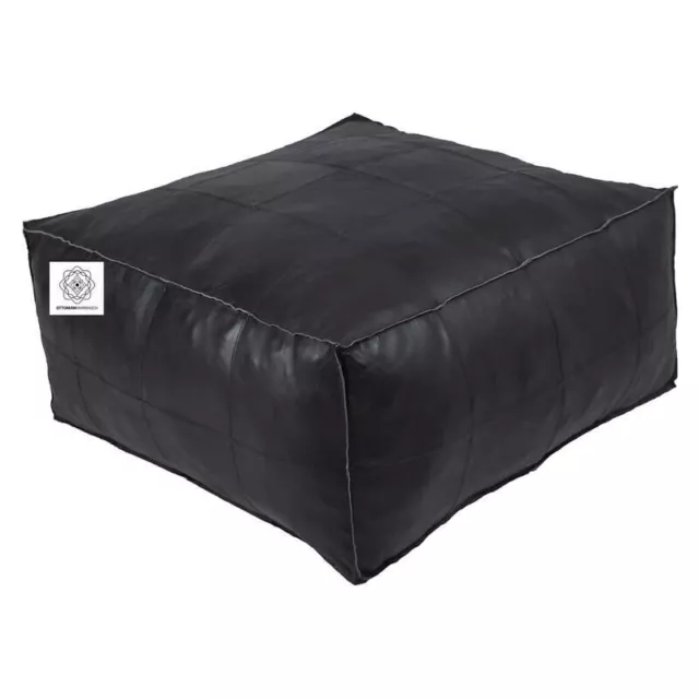 Leather Pouffe Genuine Real Moroccan Handmade Ottoman Pouf New Black Footstool